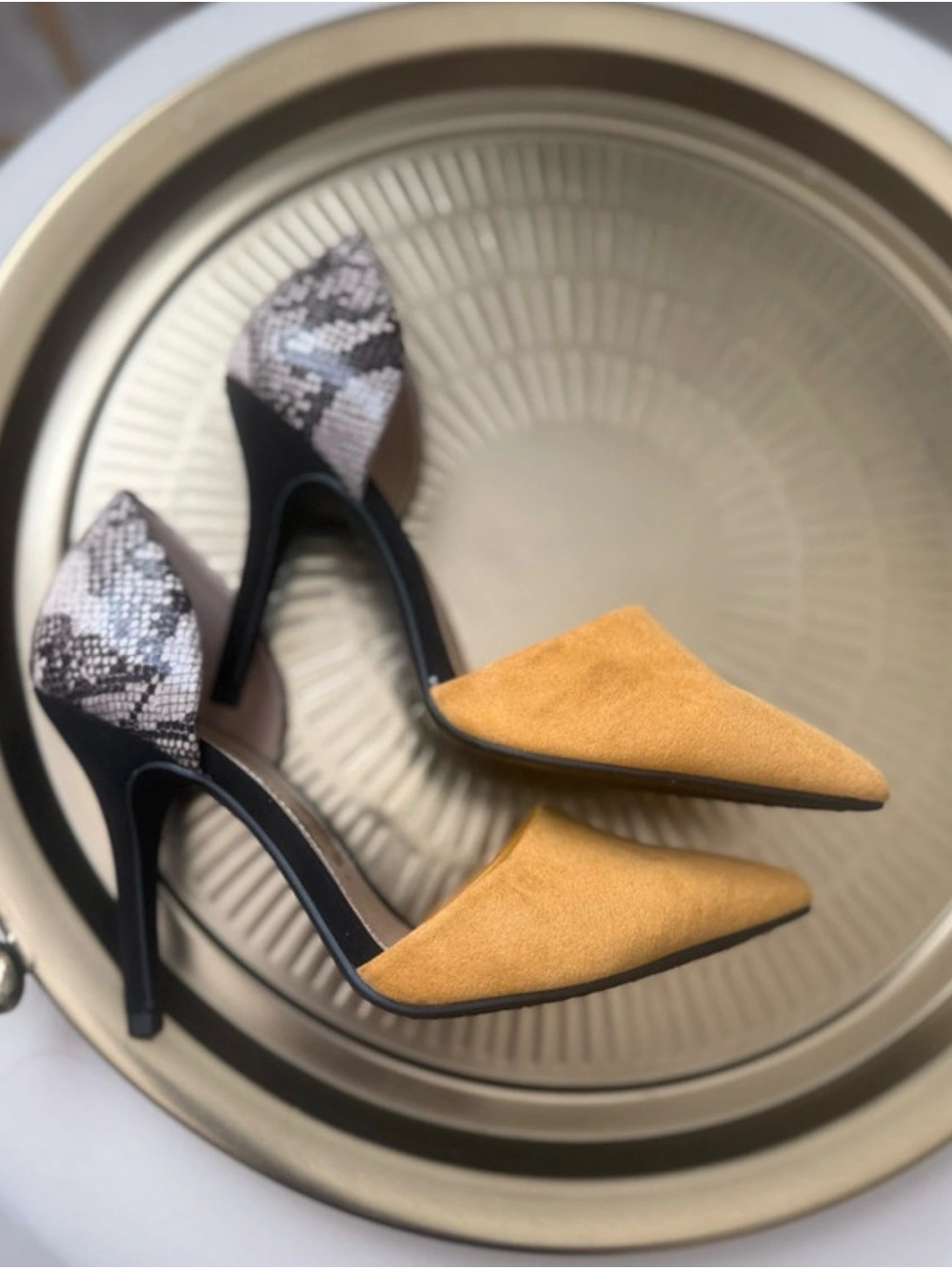 Women’s Yellow Suede Pointed Toe D'Orsay Heels with Snake-Print Accent